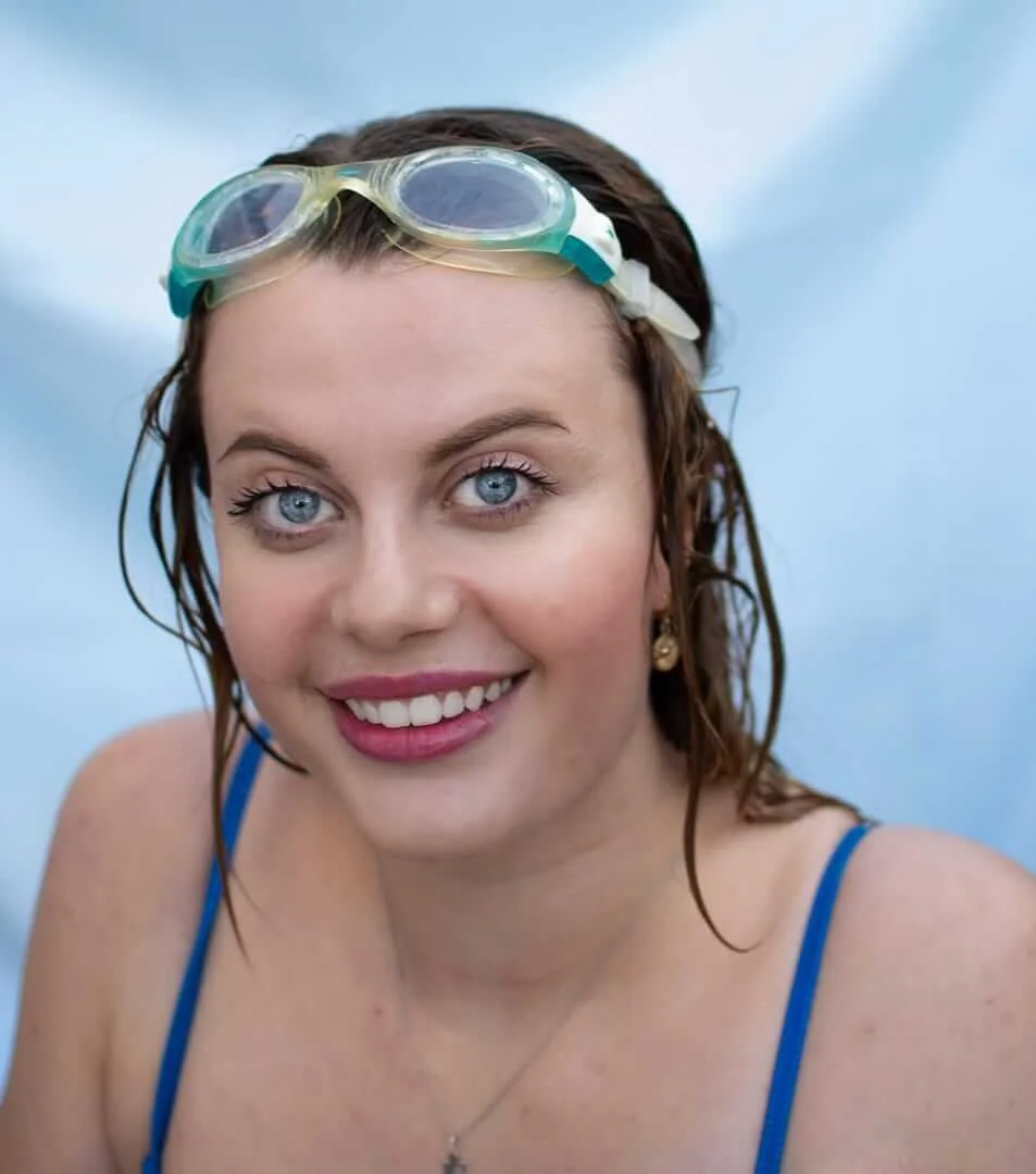 woman in swimming pool wearing tres chic vegan eyebrow gel